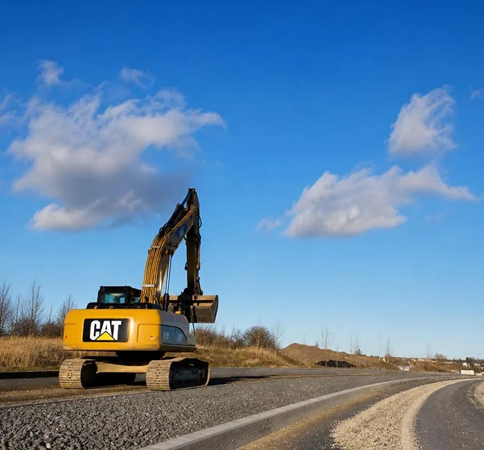 Tracked excavator on a gravel road construction site