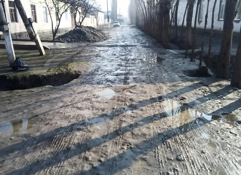 Muddy unpaved village road with puddles and wheel ruts