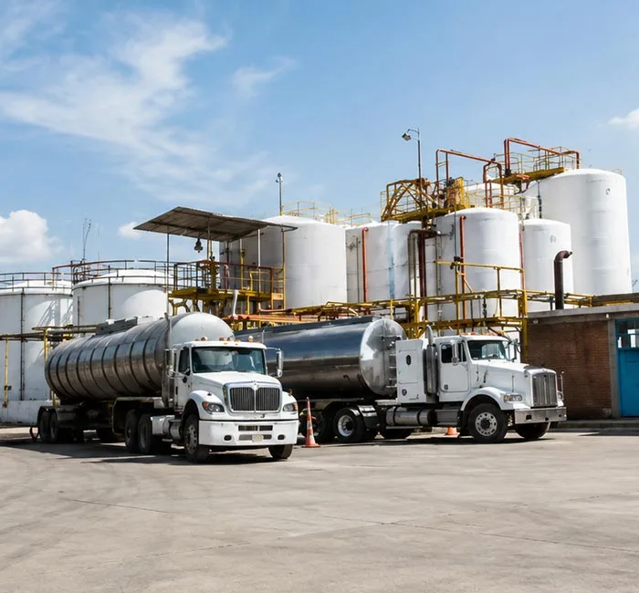 Industrial storage tanks and tanker trucks at a processing facility