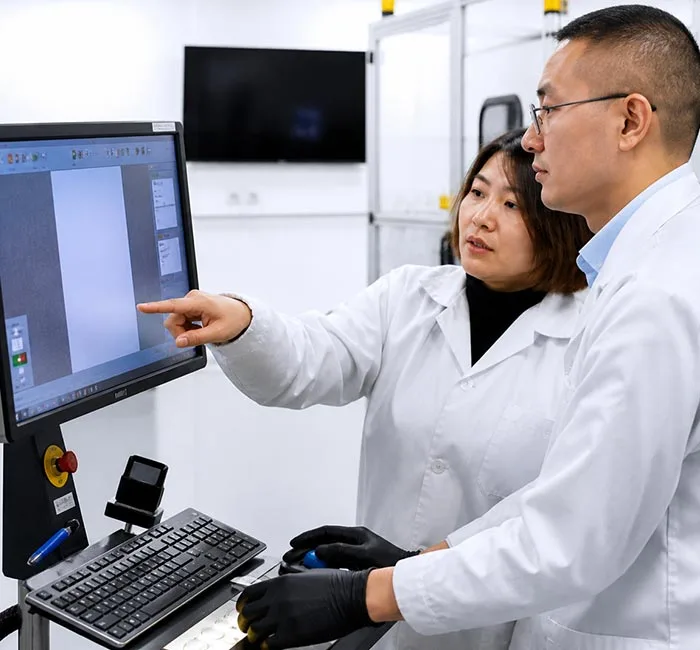 Laboratory staff reviewing information on a computer screen