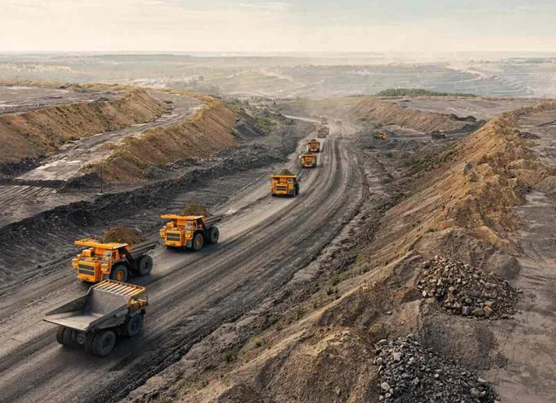 Haul trucks traveling on an unpaved road in an open-pit mine